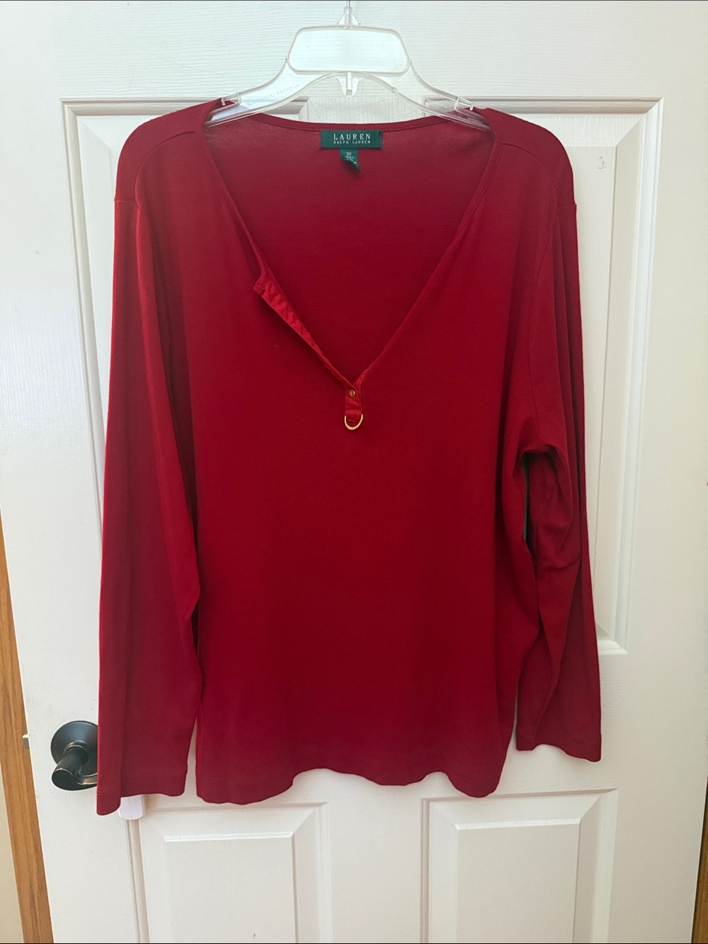 Lauren Ralph Lauren Crimson Red Long-Sleeve V-Neck Top with Gold Ring